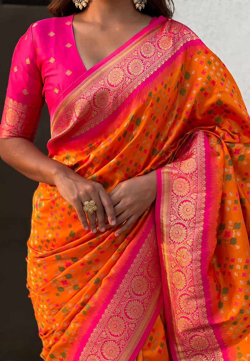 Turquoise Orange Banarasi Silk Saree – Festive Radiance in Every Drape