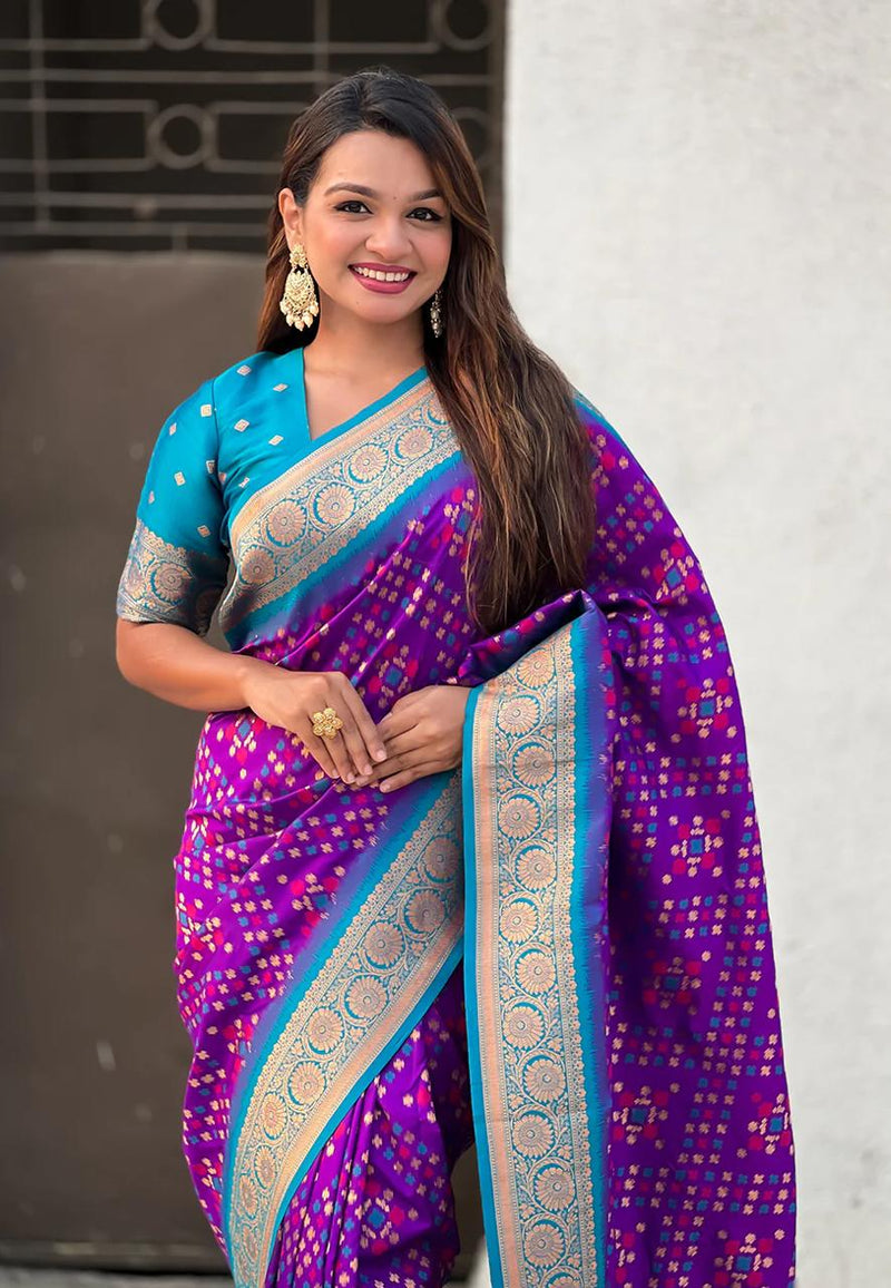Turquoise Purple Banarasi Silk Saree – Festive Radiance in Every Drape