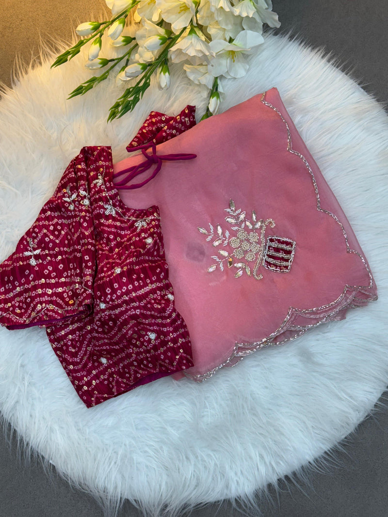 Suhani Pink Chiffon Saree with Red Bandhej Blouse