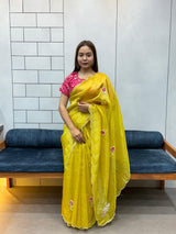 Suhani Yellow Chiffon Saree with Red Bandhej Blouse