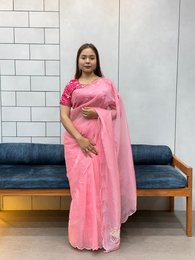 Suhani Pink Chiffon Saree with Red Bandhej Blouse