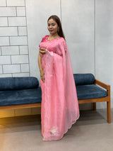 Suhani Pink Chiffon Saree with Red Bandhej Blouse