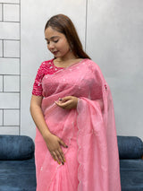 Suhani Pink Chiffon Saree with Red Bandhej Blouse
