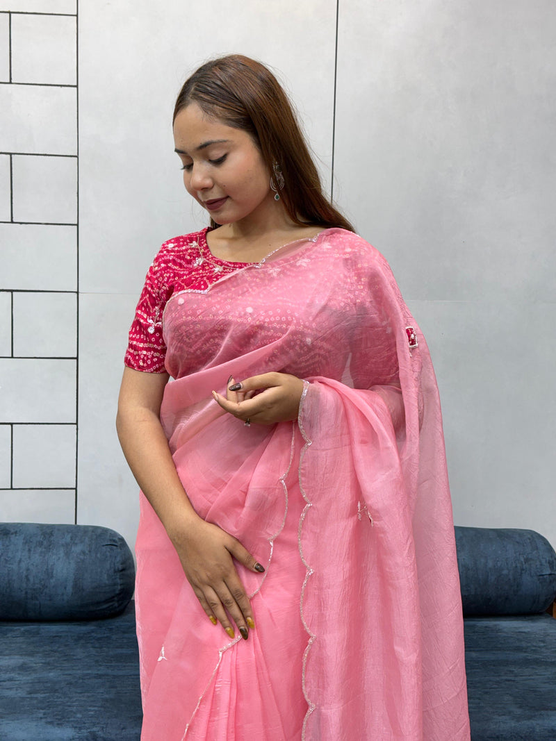 Suhani Pink Chiffon Saree with Red Bandhej Blouse