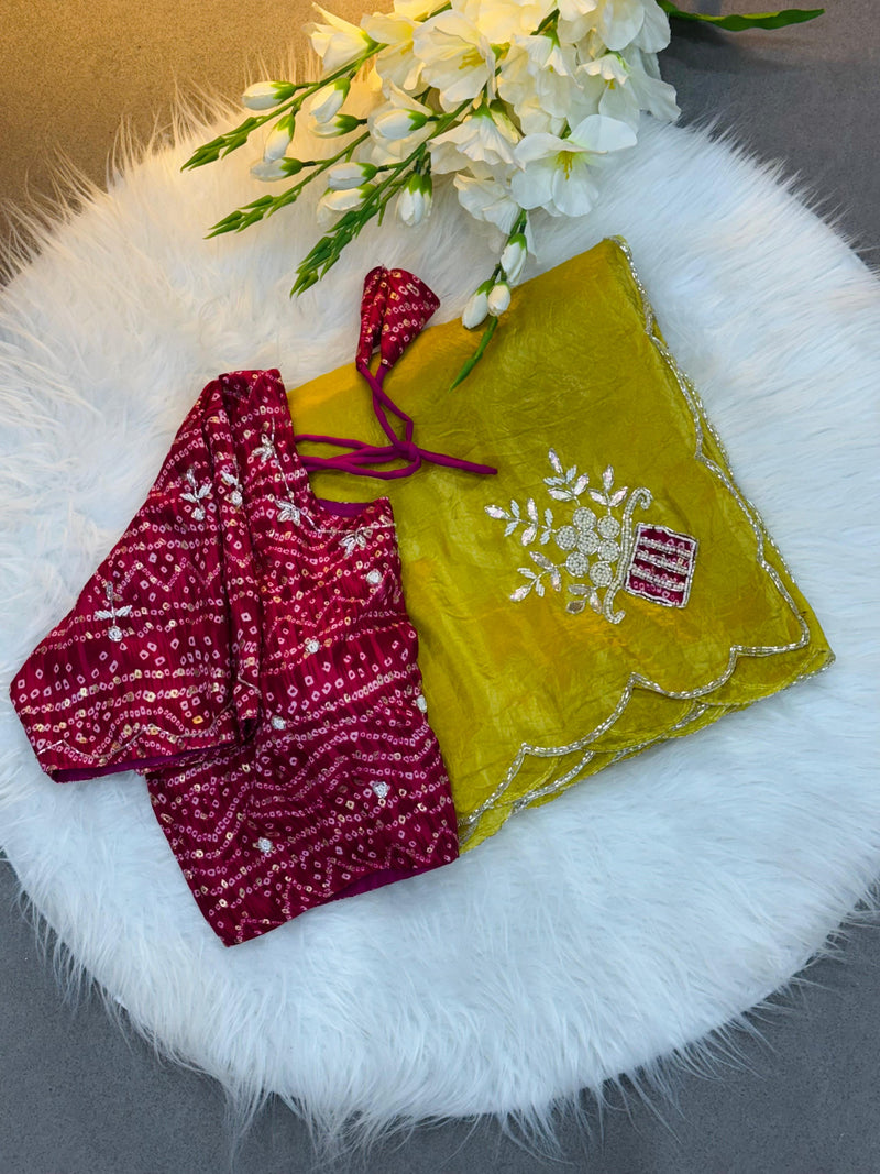 Suhani Yellow Chiffon Saree with Red Bandhej Blouse