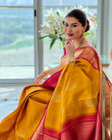 Raveena - Yellow Soft Banarasi Silk Saree with Jacquard Work and Rich Pink Blouse