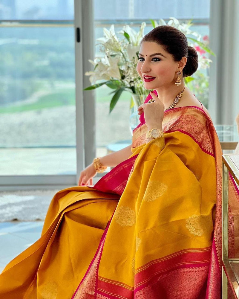 Raveena - Yellow Soft Banarasi Silk Saree with Jacquard Work and Rich Pink Blouse