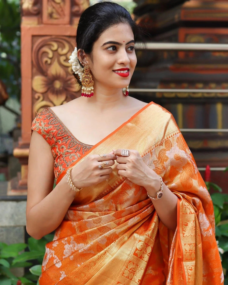 Shravya - Orange Soft Banarasi Silk Saree with Golden Jacquard Weaving