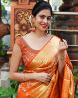 Shravya - Orange Soft Banarasi Silk Saree with Golden Jacquard Weaving