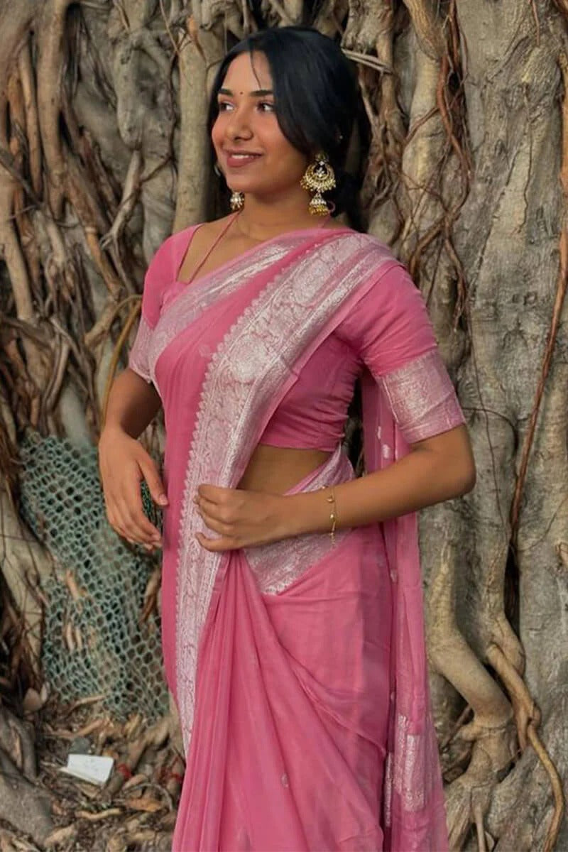 Sushila – Pink Pure Linen Silk Saree with Jacquard Detailing