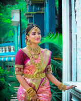 Ishvika - Pink Banarasi Silk Saree with Antique Gold Border and Dark Pink Blouse