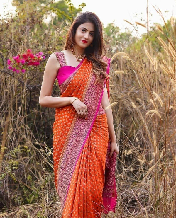 Ishita - Orange Soft Banarasi Silk Saree with Jacquard Weaving