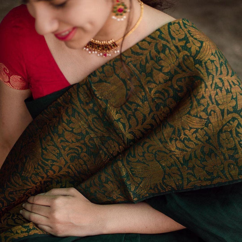 The Silk Beautiful Dark Green & Golden Jacquard Work Silk Designer Sarees