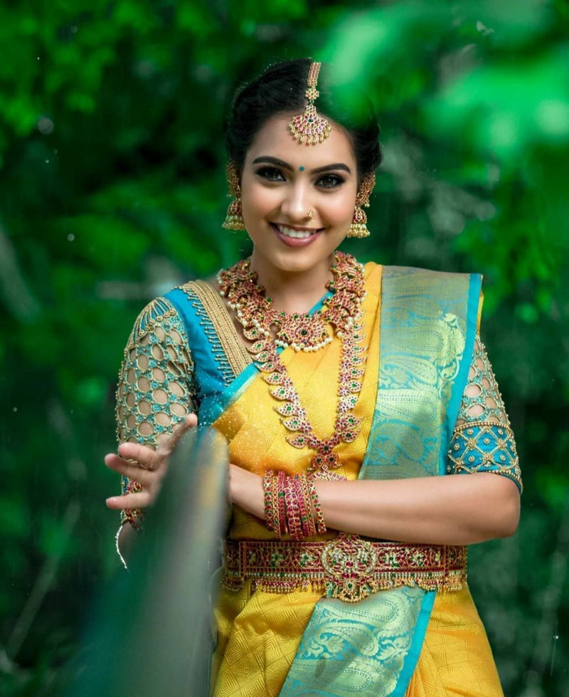 Yellow Color With Golden Zari Designer Lchi Silk Saree For Weaving