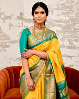 Yellow Color With Golden Zari Work Party Wear Banarsi Saree Weaving