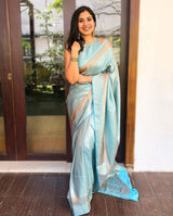 Maya Light Teal Blue Copper Zari Weaving Designer Lichi Silk Saree