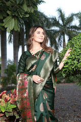 Invaluable Dark Green Soft Banarasi Silk Saree
