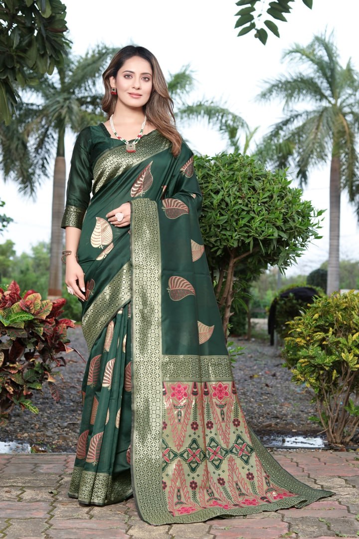 Invaluable Dark Green Soft Banarasi Silk Saree