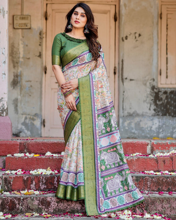 Green & Cream Floral Printed Cotton Silk Saree