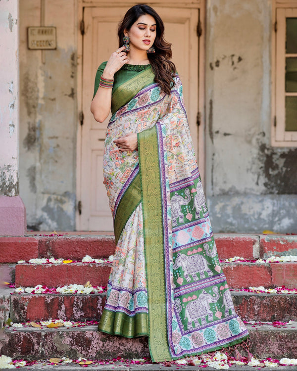 Green & Cream Floral Printed Cotton Silk Saree