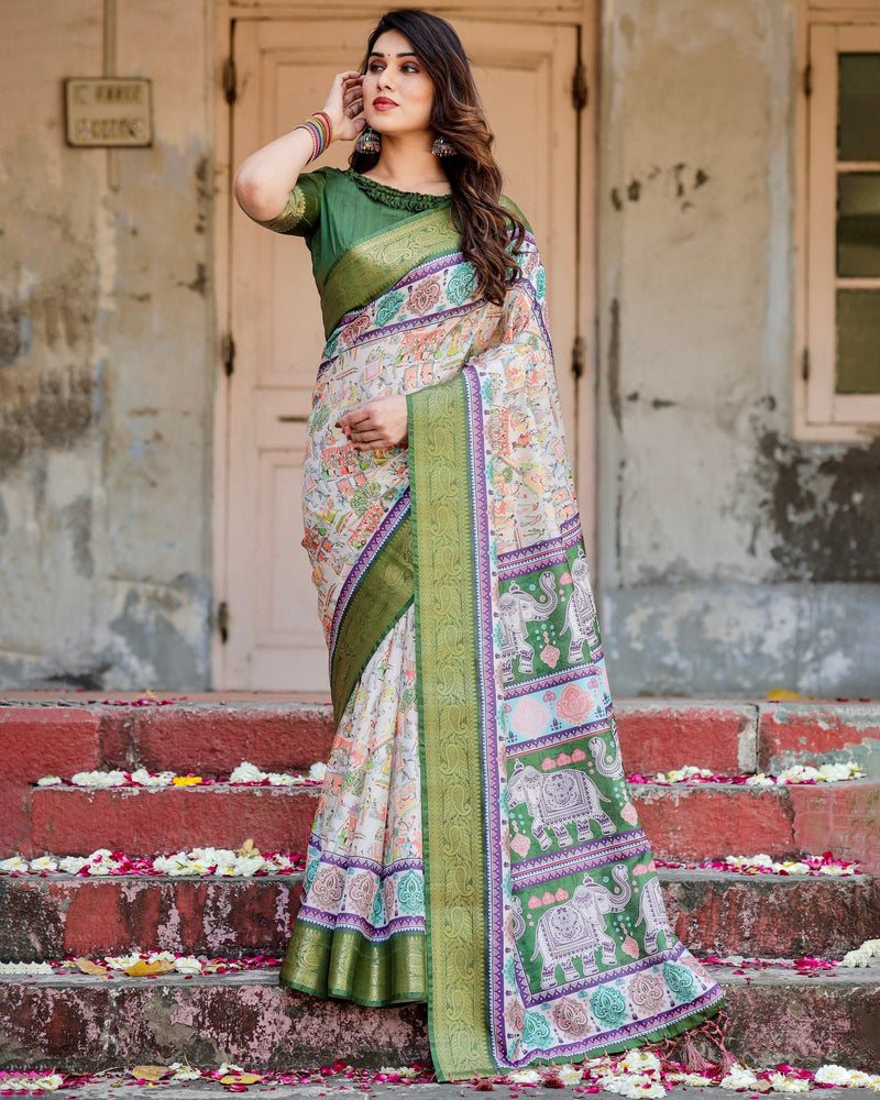 Green & Cream Floral Printed Cotton Silk Saree