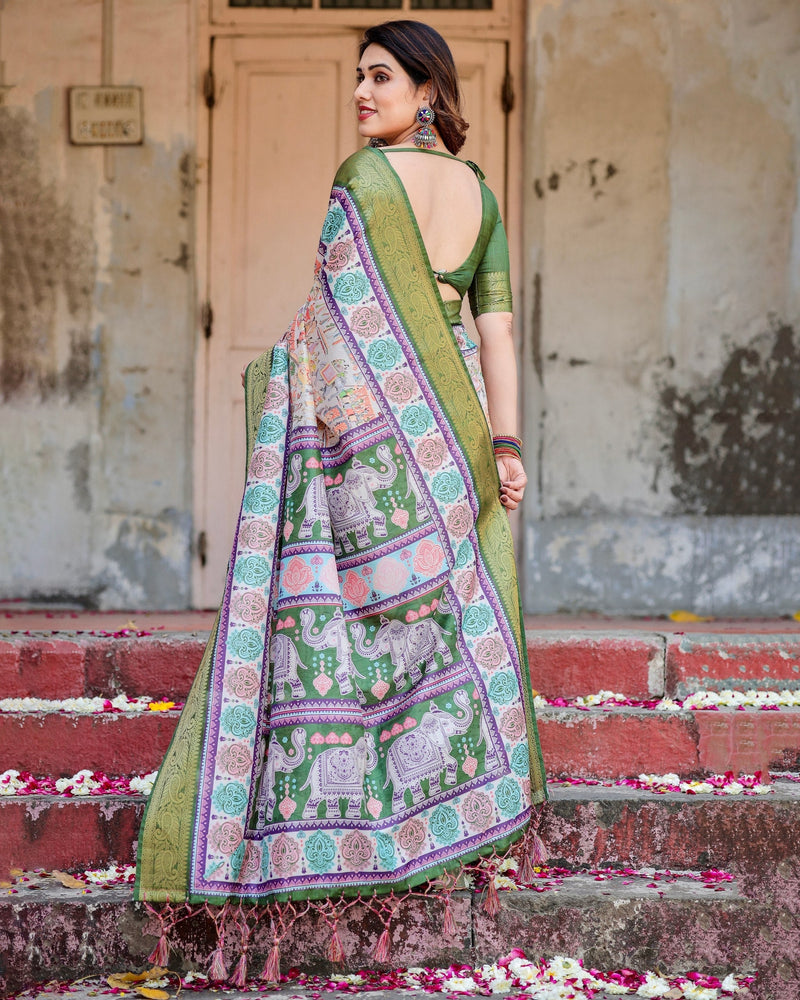 Green & Cream Floral Printed Cotton Silk Saree