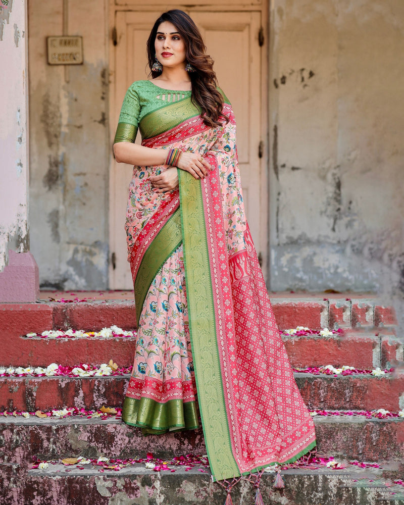 Baby Pink & Green Floral Printed Cotton Silk Saree