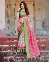 Baby Pink & Green Floral Printed Cotton Silk Saree