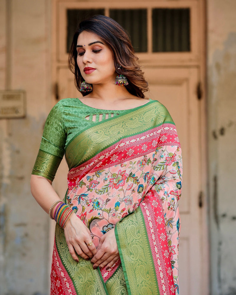 Baby Pink & Green Floral Printed Cotton Silk Saree