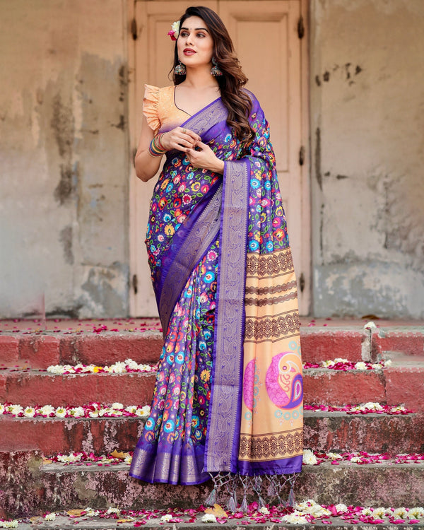 Royal Purple Floral Printed Cotton Silk Saree