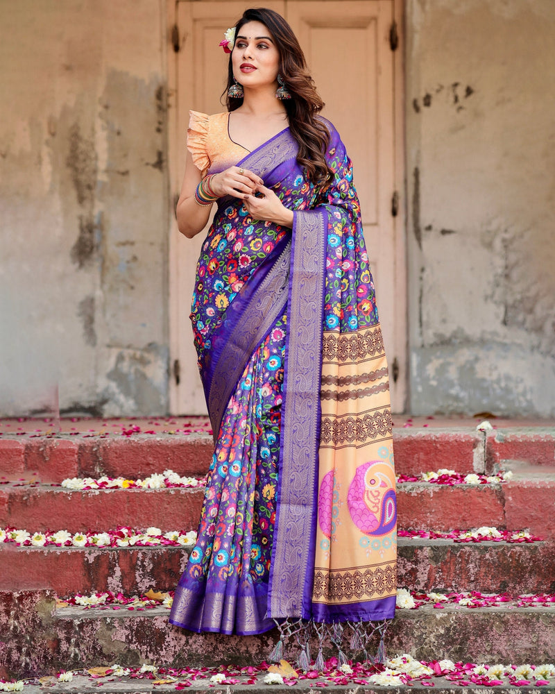 Royal Purple Floral Printed Cotton Silk Saree