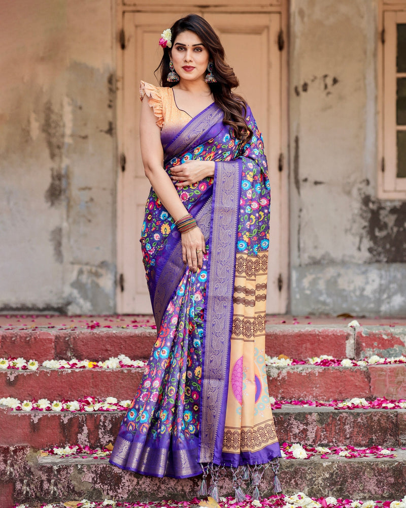 Royal Purple Floral Printed Cotton Silk Saree