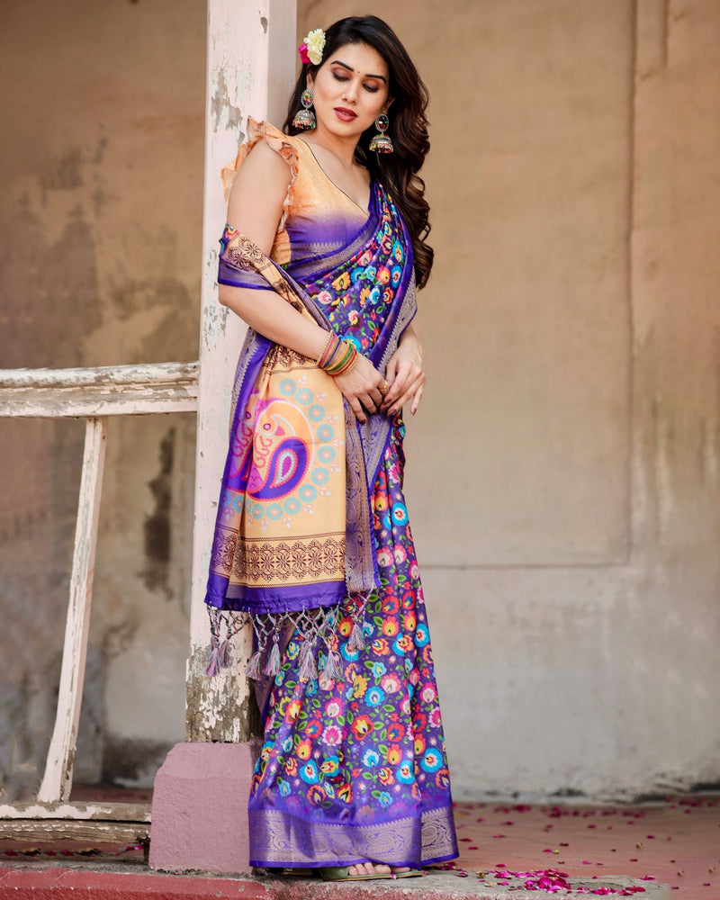 Royal Purple Floral Printed Cotton Silk Saree
