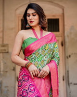 Green & Pink Floral Printed Cotton Silk Saree