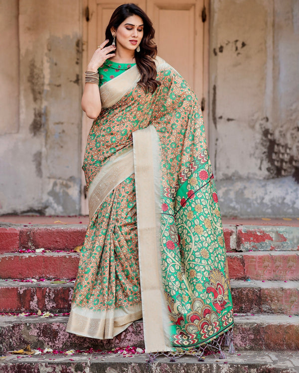 Brown & Cream Floral Printed Cotton Silk Saree