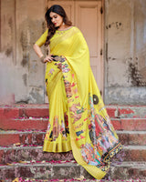 Yellow Floral Printed Cotton Silk Saree