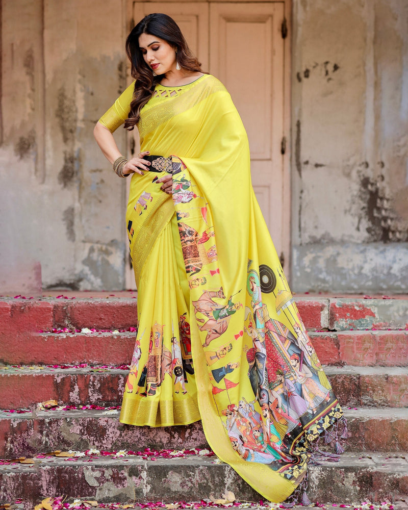 Yellow Floral Printed Cotton Silk Saree