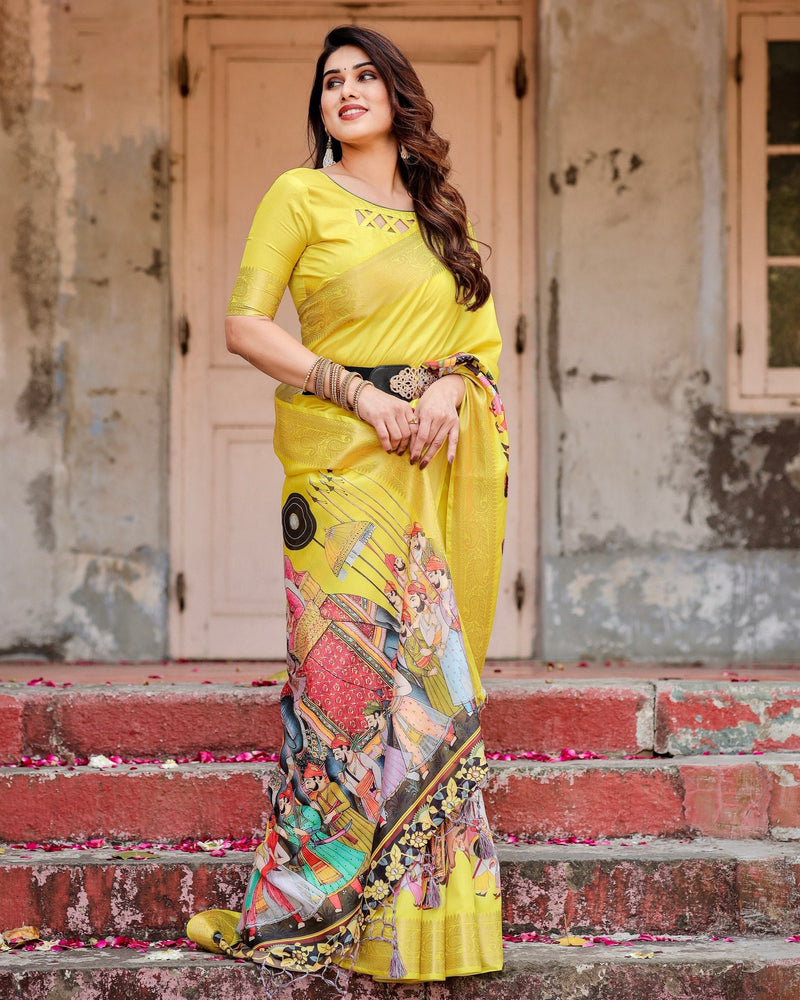 Yellow Floral Printed Cotton Silk Saree