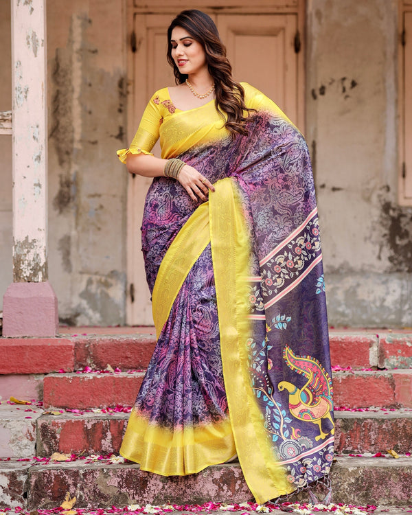 Wine & Yellow Floral Printed Cotton Silk Saree
