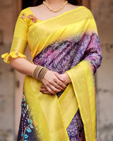 Wine & Yellow Floral Printed Cotton Silk Saree