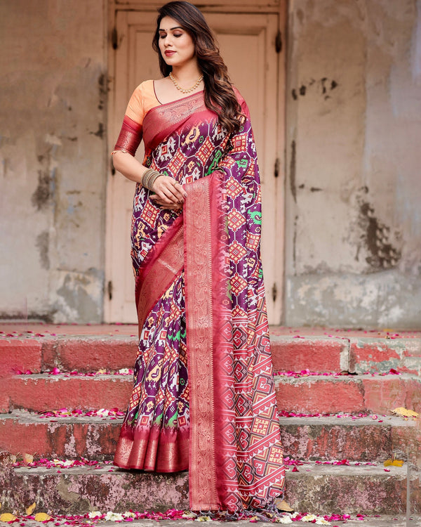 Purple & Red Floral Printed Cotton Silk Saree