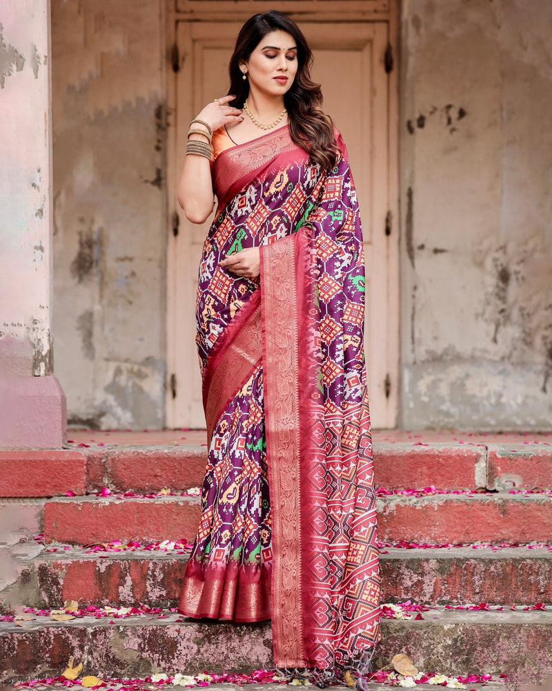 Purple & Red Floral Printed Cotton Silk Saree