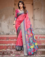 Pink & Black Floral Printed Cotton Silk Saree