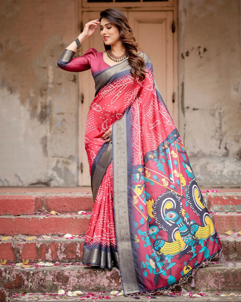 Pink & Black Floral Printed Cotton Silk Saree