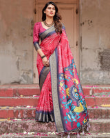 Pink & Black Floral Printed Cotton Silk Saree