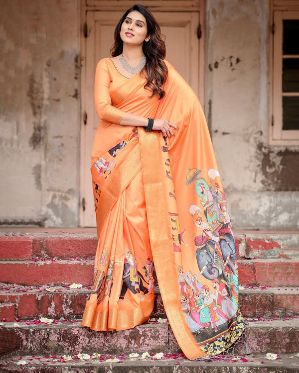 Orange Floral Printed Cotton Silk Saree