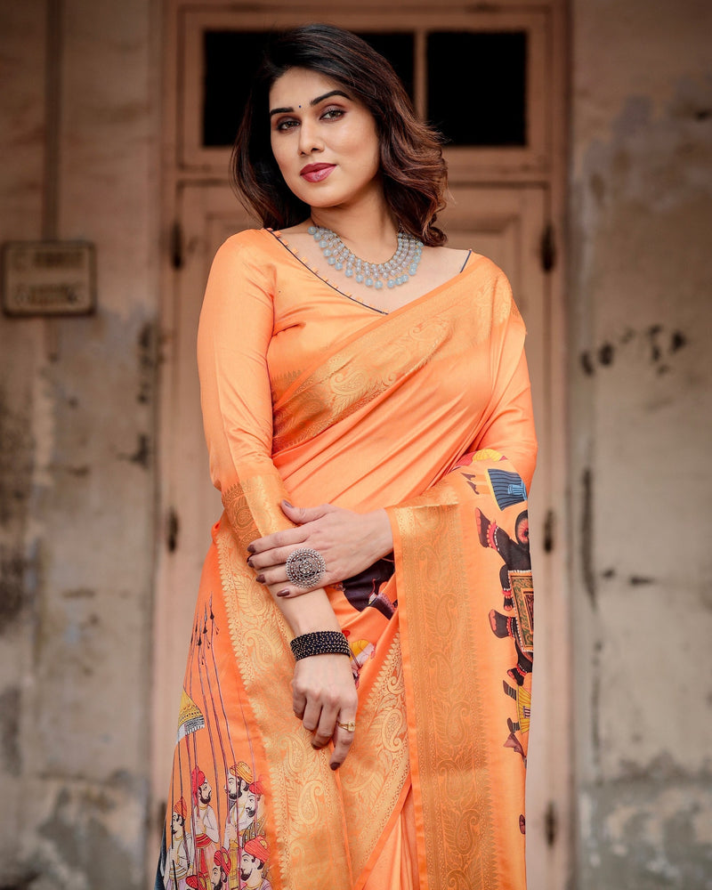 Orange Floral Printed Cotton Silk Saree