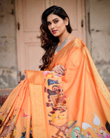Orange Floral Printed Cotton Silk Saree