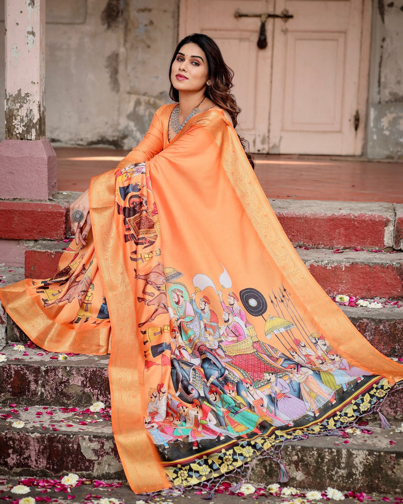 Orange Floral Printed Cotton Silk Saree