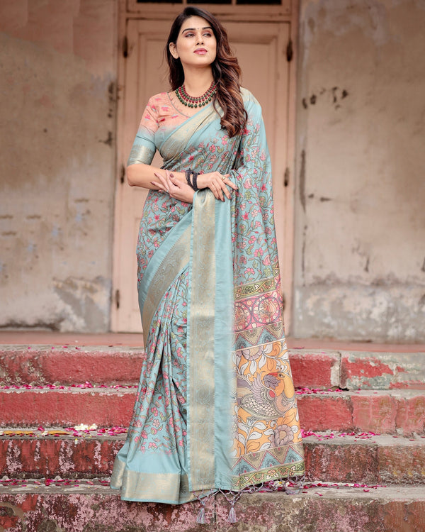 Sea Green Floral Printed Cotton Silk Saree